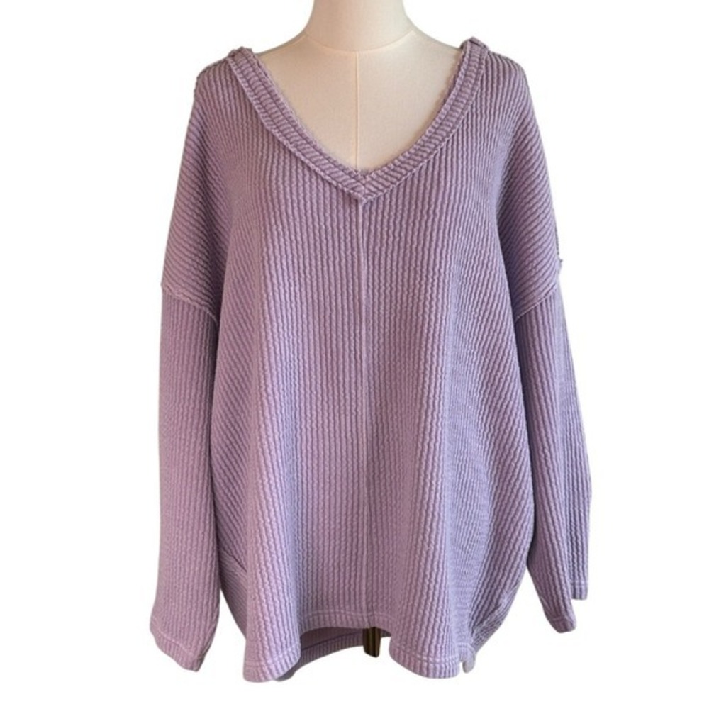 Free People V-Neck Pullover Purple Size M Oversized Ribbed Knit Boho Consign